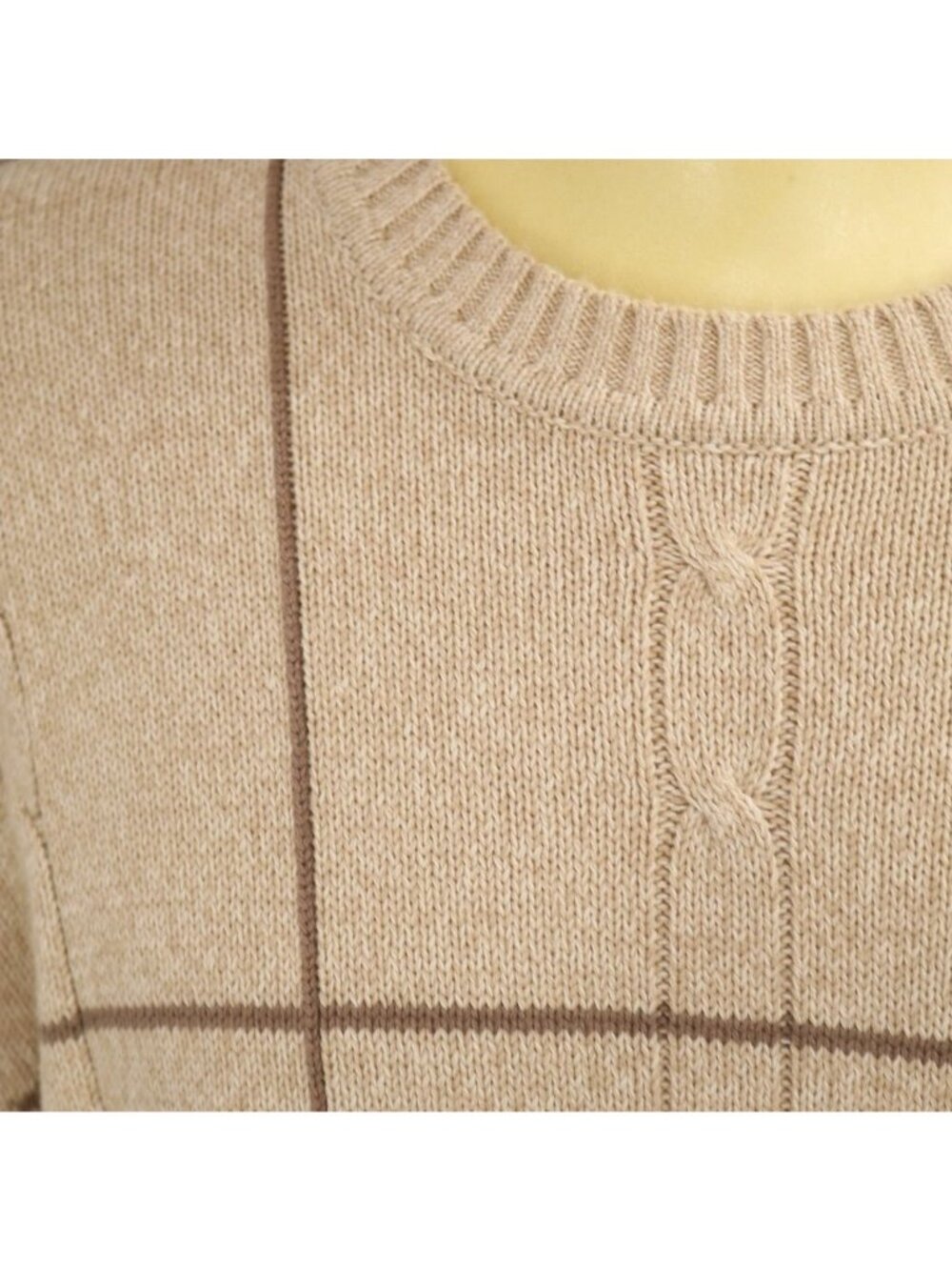 Eclectic Grandpa Dockers Sweater Men L Beige Cable Knit Pullover Brown Plaid VTG - Picture 7 of 12